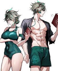 Rule 34 | 1boy, 1girl, puff of air, abs, alhaitham (genshin impact), alternate color school swimsuit, arm under breasts, black shirt, book, breasts, cleavage, closed mouth, cowboy shot, drawstring, dual persona, genderswap, genderswap (mtf), genshin impact, green hair, green male swimwear, green one-piece swimsuit, green swim trunks, grey hair, hair between eyes, highres, holding, holding book, hwan (mob hwan), large breasts, male swimwear, multicolored hair, nipples, old school swimsuit, one-piece swimsuit, open clothes, open shirt, print male swimwear, print swim trunks, print swimsuit, school swimsuit, shirt, simple background, swimsuit, toned, toned male, white background