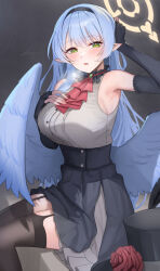 1girl arm_behind_head arm_up armpits ascot bare_shoulders black_dress black_gloves black_hairband black_thighhighs blue_archive blue_hair blue_wings breasts commentary_request dark_background dress elbow_gloves feathered_wings fingerless_gloves flower gloves green_eyes grey_dress hairband halo hat hat_flower heavy_breathing highres large_breasts layered_dress looking_at_viewer low_wings mine_(blue_archive) mine_(idol)_(blue_archive) official_alternate_costume open_mouth pointy_ears red_ascot red_flower red_rose rose shougun_(chuckni1) simple_background sitting sleeveless sleeveless_dress solo sweat thighhighs top_hat unworn_hat unworn_headwear wings yellow_halo