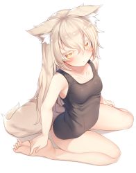 Rule 34 | 1girl, animal ears, bad id, bad pixiv id, barefoot, black one-piece swimsuit, blonde hair, collarbone, commentary request, feet, fox ears, fox tail, hair between eyes, highres, long hair, looking at viewer, one-piece swimsuit, orange eyes, original, otokuyou, simple background, sitting, solo, swimsuit, tail, white background