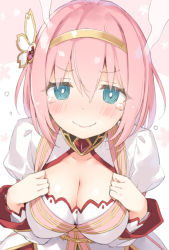 Rule 34 | 1girl, @ @, blue eyes, blush, breasts, cleavage, cleavage cutout, clothing cutout, collarbone, eyebrows, hairband, kani biimu, large breasts, looking at viewer, pink hair, princess connect!, short hair, tearing up, tears, yui (princess connect!)