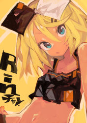 Rule 34 | 1girl, absurdres, arm support, bare shoulders, black shirt, blonde hair, blue eyes, bow, crop top, hair between eyes, hair bow, hair ornament, hairclip, hand on own hip, highres, kaamin (mariarose753), kagamine rin, looking at viewer, medium hair, navel, open mouth, parted lips, shirt, solo, tsurime, upper body, vocaloid, yellow background