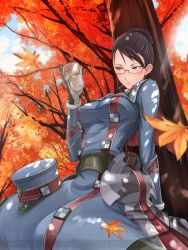 Rule 34 | 00s, 1girl, armor, autumn, blue eyes, blush, braid, breasts, brown hair, cloud, cloudy sky, cup, day, drinking glass, eleanor varrot, forest, glass, glasses, gloves, hat, unworn hat, unworn headwear, large breasts, leaf, looking to the side, military, military uniform, nature, official art, senjou no valkyria, senjou no valkyria (series), senjou no valkyria 1, short hair, sitting, sky, solo, sunlight, tea (nakenashi), uniform