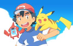 Rule 34 | 1boy, :d, ash ketchum, baseball cap, black hair, brown eyes, cloud, commentary request, creatures (company), day, dododo dadada, game freak, gen 1 pokemon, gen 4 pokemon, hand up, hat, looking to the side, male focus, nintendo, on shoulder, open mouth, outdoors, pikachu, pokemon, pokemon (anime), pokemon (creature), pokemon on shoulder, pokemon sm (anime), red headwear, rotom, rotom dex, shirt, short hair, short sleeves, sky, smile, striped clothes, striped shirt, t-shirt, teeth, tongue, upper body, upper teeth only