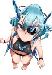 Rule 34 | 1girl, artist request, barefoot, blue eyes, blue hair, blush, breasts, eyepatch, horns, jewelry, jksfs, long hair, looking at viewer, navel, short hair, simple background, single horn, solo, swimsuit, theory (xenoblade), xenoblade chronicles (series), xenoblade chronicles 2