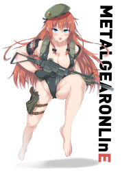 Rule 34 | 1girl, alternate costume, assault rifle, barefoot, beret, blue eyes, braid, breasts, cameltoe, cleavage, female focus, groin, gun, hair ribbon, handgun, hat, highres, holding, holding gun, holding weapon, hong meiling, large breasts, long hair, looking at viewer, metal gear (series), nunnu (bieeneco), one-piece swimsuit, open mouth, pistol, red hair, revealing clothes, ribbon, rifle, skindentation, solo, swimsuit, thighs, touhou, tress ribbon, trigger discipline, twin braids, weapon