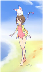 Rule 34 | 1girl, animal, animal on head, beach, brown hair, cat, cloud, collarbone, digimon, digimon adventure, drantyno, flat chest, footprints, highres, looking at viewer, ocean, on head, one-piece swimsuit, open clothes, open shirt, pink eyes, pink one-piece swimsuit, sand, shirt, short hair, short sleeves, sky, smile, swimsuit, tailmon, walking, water, white fur, yagami hikari, yellow shirt