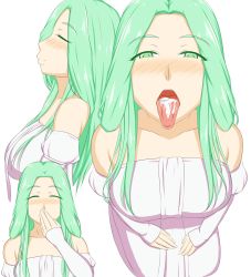 Rule 34 | 1girl, after fellatio, artist request, bare shoulders, blush, breasts, bridal gauntlets, cum, cum in mouth, cum on tongue, dress, closed eyes, fire emblem, fire emblem: three houses, green eyes, green hair, hand over mouth, highres, jewelry, kneeling, large breasts, long hair, looking at viewer, nintendo, off-shoulder dress, off shoulder, open mouth, rhea (fire emblem), solo, white background, white dress