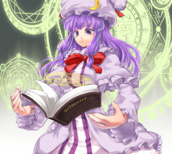 Rule 34 | 1girl, :&lt;, bad id, bad pixiv id, book, bow, bowtie, capelet, colored eyelashes, female focus, floating, floating object, grimoire, hat, highres, long hair, looking down, magic circle, open book, patchouli knowledge, purple eyes, purple hair, ribbon, scottie (phantom2), solo, staring, touhou
