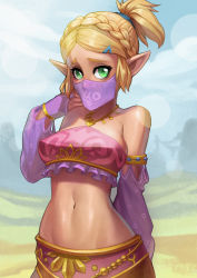 Rule 34 | 1girl, absurdres, alternate hairstyle, armlet, blonde hair, braid, breasts, bridal gauntlets, commentary, covered erect nipples, covered mouth, crown braid, day, detached sleeves, dirty ero, english commentary, forehead, friendly mutton chops, gerudo set (zelda), green eyes, hair ornament, hair pulled back, hairclip, harem outfit, highres, looking at viewer, medium breasts, midriff, mouth veil, navel, nintendo, outdoors, parted bangs, perky breasts, pointy ears, princess zelda, see-through, short ponytail, solo, stomach, strapless, the legend of zelda, the legend of zelda: breath of the wild, thick eyebrows, toned, tube top, veil