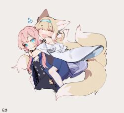 Rule 34 | 2girls, animal ear fluff, animal ears, aqua hairband, arknights, blue eyes, blue jacket, blue poison (arknights), carrying, commentary, fox ears, fox girl, fox tail, grey background, hair rings, hairband, jacket, kitsune, kyuubi, long hair, low twintails, material growth, multiple girls, multiple tails, open clothes, open jacket, oripathy lesion (arknights), piggyback, pink hair, ruri (dailybloopy), simple background, suzuran (arknights), tail, twintails