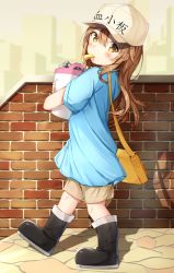 Rule 34 | 10s, 1girl, bag, black footwear, blue shirt, blush, boots, brick wall, brown eyes, brown hair, brown hat, brown shorts, character name, clothes writing, commentary request, flat cap, full body, hair between eyes, hat, hataraku saibou, highres, hugging object, long hair, looking at viewer, looking to the side, mouth hold, platelet (hataraku saibou), shadow, shiero., shirt, short shorts, short sleeves, shorts, shoulder bag, solo, walking, whistle