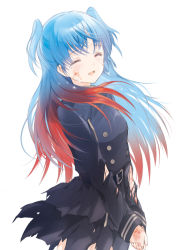 Rule 34 | 1girl, :d, ^ ^, blue hair, chtholly nota seniorious, closed eyes, cover, cover page, crying, closed eyes, facing viewer, gradient hair, injury, long hair, multicolored hair, novel cover, official art, open mouth, red hair, shuumatsu nani shitemasu ka?, smile, solo, torn clothes, two-tone hair, two side up, ue (ueueyokoyoko2), very long hair, white background