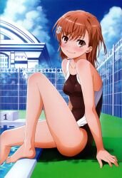 Rule 34 | 1girl, absurdres, arm support, bare shoulders, barefoot, blue sky, breasts, brown eyes, brown hair, closed mouth, cloud, cloudy sky, feet, hair ornament, highres, isshi pyuma, knee up, legs, looking at viewer, medium hair, misaka mikoto, one-piece swimsuit, pool, poolside, scan, school swimsuit, sitting, sky, small breasts, smile, solo, swimsuit, thighs, toaru kagaku no railgun, toaru majutsu no index, toes, tokiwadai school swimsuit, water, wet