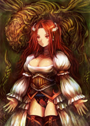 Rule 34 | 1girl, boots, breasts, bug, cameltoe, cleavage, corset, dress, earrings, groin, hair ornament, bug, jewelry, kara (color), large breasts, long hair, necklace, original, panties, puffy sleeves, red eyes, red hair, solo, thigh boots, thighhighs, underwear
