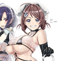 Rule 34 | 2girls, ahoge, artist name, black gloves, blush, braid, breasts, brown hair, chougei (kancolle), dated, gloves, grey eyes, grin, hair flaps, hair rings, kantai collection, large breasts, long hair, multiple girls, open mouth, purple hair, red eyes, signature, simple background, smile, taigei (kancolle), tk8d32, twin braids, upper body, white background
