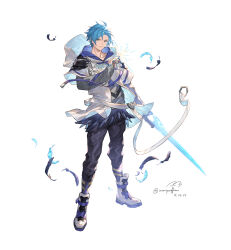 Rule 34 | 1boy, absurdres, blue hair, commentary, dated, english commentary, falling feathers, feathers, full body, green eyes, gunblade, highres, holding, holding sword, holding weapon, holostars, holostars english, hood, hoodie, jacket, layered sleeves, long sleeves, looking at viewer, male focus, regis altare, rm-parfait, short hair, short over long sleeves, short sleeves, signature, smile, standing, sword, twitter username, virtual youtuber, weapon, white background