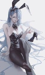 Rule 34 | 1girl, absurdly long hair, alternate costume, animal ears, bare shoulders, black bow, black bowtie, black dress, black footwear, black hairband, black pantyhose, blue eyes, blue hair, bow, bowtie, breasts, closed mouth, detached collar, dress, erospanda, fake animal ears, genshin impact, hair between eyes, hair bow, hair over one eye, hairband, hand up, highres, holding, holding shoes, large breasts, leg up, leotard, lips, long hair, looking at viewer, mole, mole under eye, no shoes, pantyhose, playboy bunny, rabbit ears, shadow, shenhe (genshin impact), shoes, simple background, sitting, smile, solo, very long hair, white background