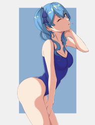 Rule 34 | 1girl, alternate breast size, arched back, bare arms, bare legs, blue background, blue eyes, blue hair, blue one-piece swimsuit, border, breasts, cleavage, collarbone, cowboy shot, from side, grey border, hair over shoulder, hololive, hoshimachi suisei, leaning forward, long hair, medium breasts, one-piece swimsuit, one eye closed, open mouth, outside border, solo, standing, swimsuit, thighs, twintails, virtual youtuber, zeropen
