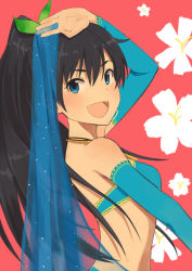 Rule 34 | 1girl, arm up, bare shoulders, belly dancer, black hair, blue eyes, blush, breasts, dancer, detached sleeves, earrings, fang, flower, ganaha hibiki, hangaku (araara), hangaku (araara0616), idolmaster, idolmaster (classic), jewelry, long hair, looking at viewer, open mouth, ponytail, ribbon, shawl, smile, solo