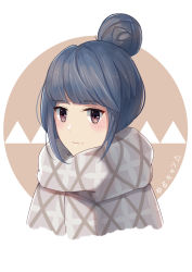 Rule 34 | 1girl, absurdres, blue hair, closed mouth, commentary request, hair bun, highres, light, light blush, light smile, logo, long hair, looking at viewer, patterned clothing, poncho, purple eyes, shadow, shima rin, signature, single hair bun, solo, triangle, upper body, white background, yurucamp, ziranyuan