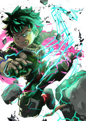 Rule 34 | 1boy, absurdres, belt, blood, blood on face, bodysuit, boku no hero academia, commentary request, debris, freckles, gloves, glowing, glowing eyes, green bodysuit, green eyes, green hair, highres, lightning, male focus, mask, midoriya izuku, onesie, open mouth, pyuuki109, red belt, rock, short hair, simple background, solo, spiked hair, teeth, white background, white gloves