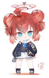 Rule 34 | 1girl, :d, ahoge, black jacket, black socks, black sweater, blue archive, blue eyes, chibi, collared shirt, colored shadow, commentary request, double bun, full body, hair between eyes, hair bun, halo, holding, jacket, kotatu (akaki01aoki00), long sleeves, looking at viewer, maki (blue archive), open clothes, open jacket, open mouth, pleated skirt, puffy long sleeves, puffy sleeves, red hair, shadow, shirt, shoes, simple background, skirt, sleeves past wrists, smile, socks, solo, spray can, standing, sweater, two side up, white background, white footwear, white shirt, white skirt