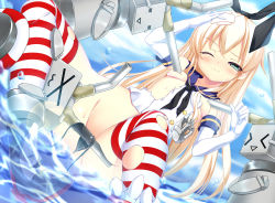 Rule 34 | &gt; &lt;, 10s, 1girl, :3, = =, alternate eye color, anchor, aqua eyes, black panties, blonde hair, blush, breasts, closed eyes, colorized, elbow gloves, gloves, hairband, kantai collection, lifebuoy, long hair, noumin, one eye closed, panties, partially submerged, personification, rensouhou-chan, shimakaze (kancolle), side-tie panties, small breasts, solo, striped clothes, striped thighhighs, swim ring, thighhighs, torn clothes, torn thighhighs, toron (mino106), underwear, untied, water, white gloves, wince, x3