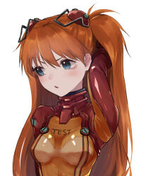 Rule 34 | 1girl, artist request, blue eyes, blush, bodysuit, bracer, breasts, brown hair, evangelion: 2.0 you can (not) advance, eyes visible through hair, gloves, hair between eyes, hair ornament, hand in own hair, highres, interface headset, long hair, neon genesis evangelion, open mouth, pilot suit, plugsuit, rebuild of evangelion, red bodysuit, see-through, see-through bodysuit, shiny clothes, simple background, small breasts, solo, souryuu asuka langley, standing, test plugsuit, tsundere, turtleneck, upper body, very long hair, white background