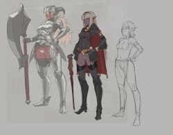 Rule 34 | 3girls, :&lt;, age difference, armor, armored boots, axe, bad id, bad pixiv id, bare shoulders, battle axe, blonde hair, boots, bottomless, bracelet, breasts, cane, cape, colored skin, couter, covered erect nipples, covered navel, dark-skinned female, dark skin, elf, female pubic hair, gluteal fold, hand on own hip, high heel boots, high heels, horns, jewelry, jitome, lipstick, long hair, looking at viewer, makeup, mikoyan, multiple girls, no panties, original, pauldrons, pointy ears, pubic hair, purple skin, pussy, short hair, shoulder armor, silver hair, size difference, sketch, staff, thighhighs, uncensored, weapon, yellow eyes