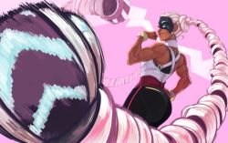 Rule 34 | 1girl, arms (game), ass, bare shoulders, bracelet, dark-skinned female, dark skin, drill hair, earrings, female focus, from behind, jewelry, lips, long hair, lowres, mask, muscular, solo, thedansome, twin drills, twintails, twintelle (arms), very long hair