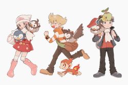 Rule 34 | 1girl, 2boys, :d, bag, barry (pokemon), beanie, black pants, blonde hair, blush, boots, brown pants, chimchar, closed eyes, closed mouth, coat, creatures (company), dawn (pokemon), duffel bag, game freak, gen 4 pokemon, green scarf, grey footwear, hat, highres, holding strap, lucas (pokemon), multiple boys, nap (eevlll), nintendo, open mouth, over-kneehighs, pants, pink footwear, piplup, pokemon, pokemon (creature), pokemon dppt, pokemon platinum, red coat, running, scarf, shoes, shoulder bag, smile, standing, starly, starter pokemon trio, thighhighs, turtwig, white bag, white headwear, white scarf, white thighhighs, |d