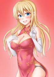 Rule 34 | 1girl, anti (untea9), atago (kancolle), blonde hair, blush, breasts, china dress, chinese clothes, cleavage, dress, elbow gloves, gloves, gradient background, green eyes, hand on own chest, highres, kantai collection, large breasts, long hair, looking at viewer, open mouth, pink background, red dress, smile, solo, white gloves