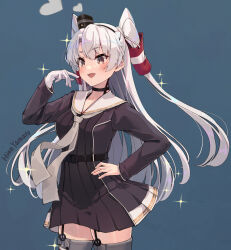 Rule 34 | 1girl, alternate breast size, amatsukaze (kancolle), amatsukaze kai ni (kancolle), artist name, black choker, brown dress, brown eyes, choker, commentary request, cowboy shot, dress, garter straps, gloves, grey background, grey hair, hair ornament, hair tubes, highres, himeyamato, kantai collection, long hair, long sleeves, looking at viewer, necktie, open mouth, simple background, single glove, smile, solo, two side up, very long hair, white gloves, white necktie