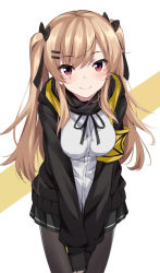 Rule 34 | 1girl, black bow, black gloves, black jacket, black ribbon, black skirt, blush, bow, breasts, breasts squeezed together, brown background, closed mouth, commentary request, cowboy shot, dress shirt, girls&#039; frontline, gloves, hair between eyes, hair bow, hair ornament, hairclip, head tilt, highres, hood, hood down, hooded jacket, jacket, kohakope, leaning forward, light brown hair, long hair, looking at viewer, medium breasts, neck ribbon, open clothes, open jacket, pantyhose, pleated skirt, red eyes, revision, ribbon, scar, scar across eye, scar on face, shirt, skirt, smile, solo, twintails, two-tone background, ump9 (girls&#039; frontline), v arms, very long hair, white background, white shirt