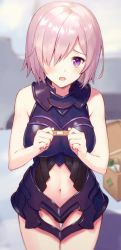 Rule 34 | 1girl, 3:, armor, armored dress, bandaid, black leotard, blush, breasts, clothing cutout, cowboy shot, fate/grand order, fate (series), first aid kit, hair over one eye, hands up, haru (hiyori-kohal), holding, indoors, large breasts, leotard, looking at viewer, mash kyrielight, navel, navel cutout, open mouth, pink hair, purple eyes, purple hair, short hair, solo, standing, thighs