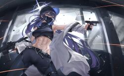 Rule 34 | 1girl, abs, absurdres, armband, armpits, assault rifle, bare shoulders, baseball cap, belt, black belt, black hair, black hat, black mask, black pants, black shirt, blue archive, blue eyes, blue hair, breaking, breasts, broken window, buckle, chest harness, coat, commentary, cowboy shot, crop top, dual wielding, finger on trigger, firing, foregrip, glass shards, groin, gun, halo, handgun, harness, hat, highres, holding, holding gun, holding weapon, indoors, long hair, m1911, mask, medium breasts, midriff, mouth mask, muscular, muscular female, navel, off shoulder, pants, purple eyes, purple hair, rifle, saori (blue archive), scope, shards, shirt, sibo, sig 516, sig sauer, sleeveless, sleeveless shirt, snap-fit buckle, solo, standing, underbust, weapon, white coat