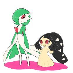 Rule 34 | 2girls, arms at sides, black hair, black skin, blunt bangs, closed mouth, colored skin, creatures (company), enden (pixiv 57969220), female focus, flat chest, flat color, full body, game freak, gardevoir, gen 3 pokemon, green hair, green skin, hair over one eye, hands up, happy, height difference, highres, long hair, looking at another, looking down, looking to the side, mawile, multicolored skin, multiple girls, nintendo, playing with own hair, pokemon, pokemon (creature), red eyes, sharp teeth, shiny skin, short hair, smile, standing, teeth, two-tone skin, very long hair, white background, white skin, yellow skin