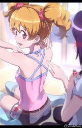 Rule 34 | 00s, 2girls, artist name, back, backless outfit, bare shoulders, blonde hair, blush, fresh precure!, hair ornament, higashi setsuna, kaoru (fresh precure!), letterboxed, looking back, momozono love, multiple girls, precure, red eyes, shiitake urimo, twintails