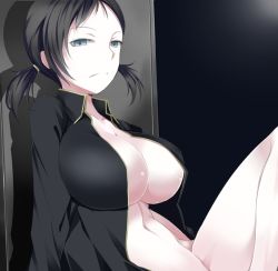 Rule 34 | 10s, 1girl, against wall, black eyes, black hair, black shirt, breasts, buta (uhoiiotoko), cleavage, closed mouth, collarbone, devil survivor 2, frown, kanno fumi, knee up, large breasts, long sleeves, looking at viewer, devil survivor, naked shirt, navel, open clothes, open shirt, shirt, short hair, short twintails, sitting, solo, twintails
