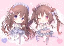 Rule 34 | 2girls, :o, ;d, apron, blush, brown hair, cake, cake slice, chibi, commentary request, double bun, food, frilled apron, frills, fruit, grey skirt, hair between eyes, hair bun, hair ornament, hairclip, heart, holding, holding tray, long hair, looking at viewer, maid, maid headdress, multiple girls, one eye closed, open mouth, original, outstretched arm, parted lips, pink apron, pink background, plate, pleated skirt, puffy short sleeves, puffy sleeves, purple apron, purple eyes, red eyes, shiratama (shiratamaco), shirt, short sleeves, skirt, smile, strawberry, thighhighs, tray, twintails, very long hair, waist apron, white legwear, white shirt, wrist cuffs, x hair ornament