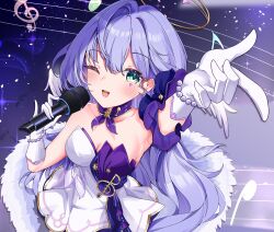 Rule 34 | 1girl, absurdres, aqua eyes, arm up, armpits, breasts, cleavage, detached sleeves, dress, gloves, halo, head wings, highres, holding, holding microphone, honkai: star rail, honkai (series), long hair, looking at viewer, microphone, musical note, one eye closed, open mouth, purple dress, purple hair, rainseason, robin (honkai: star rail), short sleeves, smile, two-tone dress, white dress, white gloves, white wings, wings
