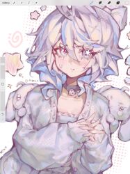 Rule 34 | 1girl, art program in frame, bell, black choker, blue eyes, bow, choker, collarbone, creature, creature on shoulder, furina (genshin impact), genshin impact, glint, grey bow, grey hair, grey shirt, hair bow, highres, interlocked fingers, long sleeves, looking at viewer, multicolored hair, neck bell, on shoulder, pout, procreate (medium), procreate (software), shirt, short hair, sleeves past wrists, solo, star (symbol), streaked hair, ttzewo