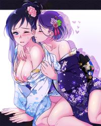 Rule 34 | 2girls, alternate hairstyle, arm support, bare shoulders, blue eyes, blue hair, blush, breasts, closed eyes, commentary request, dokidoki! precure, female pubic hair, floral print, flower, hair flower, hair ornament, heart, hishikawa rikka, japanese clothes, kenzaki makoto, kimono, long hair, medium breasts, multiple girls, negom, nipples, no bra, off shoulder, one eye closed, open mouth, precure, print kimono, pubic hair, purple hair, shiny skin, short hair, sitting, wide sleeves, yuri