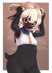 Rule 34 | 1girl, animal ears, animal nose, blonde hair, blue sailor collar, blush, bottomless, brown background, commentary request, furry, furry female, gradient background, hands up, highres, horns, kageroh, navel, original, red eyes, sailor collar, short hair, snout, solo, sweat, two-tone background, white background, yellow neckwear