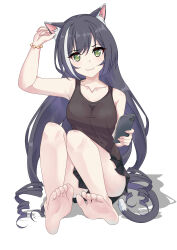 Rule 34 | 1girl, absurdres, animal ear fluff, animal ears, arm up, bare arms, bare legs, barefoot, black hair, black shirt, black skirt, bracelet, cat ears, cat girl, cat tail, cellphone, closed mouth, collarbone, full body, green eyes, highres, holding, holding phone, jewelry, karyl (princess connect!), long hair, maxwelzy, miniskirt, multicolored hair, phone, pleated skirt, princess connect!, shirt, sitting, skirt, sleeveless, sleeveless shirt, smartphone, smile, soles, solo, streaked hair, tail, very long hair
