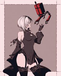 Rule 34 | 10h (nier reincarnation), 1girl, bare shoulders, black blindfold, black gloves, blindfold, breasts, cleavage, clothing cutout, covered eyes, cowboy shot, detached sleeves, dress, garter straps, gloves, hand up, medium breasts, medium hair, moshimoshibe, nier (series), nier reincarnation, parted lips, puffy sleeves, robot, side cutout, white hair