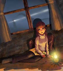 Rule 34 | 1girl, black pants, book, brown hair, chutohampa, cryptid, curtains, glowing, grey sweater, highres, lamp, lighthouse, loch ness monster, long hair, long sleeves, open book, original, pants, signature, socks, solo, sweater, turtleneck, turtleneck sweater, window