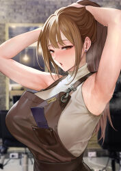 Rule 34 | 1girl, absurdres, apron, armpits, arms up, blurry, breast pocket, breasts, brown apron, brown eyes, brown hair, comb, depth of field, earrings, hair salon, highres, huge breasts, indoors, jewelry, long hair, looking at viewer, mature female, mute (mute89539160), open mouth, original, pocket, ponytail, sleeveless, sleeveless sweater, steaming body, sweat, sweater, textless version, tying hair, upper body, white sweater