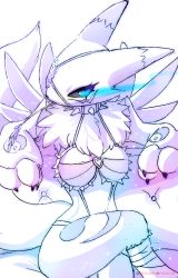 Rule 34 | 1girl, animal ears, arms up, artist name, black sclera, blue eyes, breasts, cinamoncune, claws, collar, colored sclera, couch, detached sleeves, digimon, digimon (creature), eyepatch, female focus, fox tail, furry, furry female, glowing, glowing eyes, heart, crossed legs, light trail, looking at viewer, medium breasts, monochrome, renamon, simple background, sitting, solo, spiked collar, spikes, spot color, tail, text focus, watermark, white background, wings