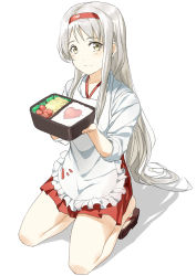 Rule 34 | 10s, 1girl, apron, bento, commentary request, food, hairband, highres, hunter.g, japanese clothes, kantai collection, long hair, multiple girls, omelet, shoukaku (kancolle), silver hair, simple background, skirt, solo, tamagoyaki